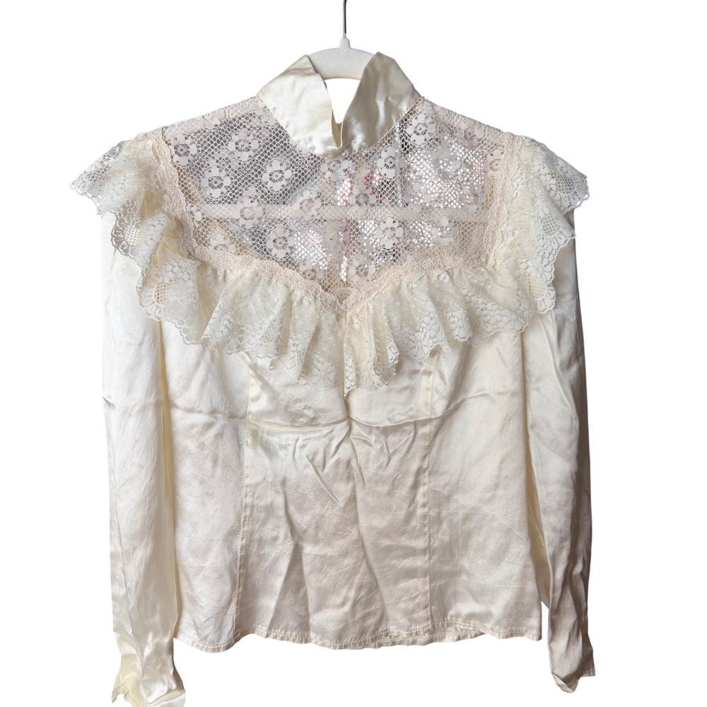 Gunne Sax Blouse Size 9 Cream Lace Ruffle Victorian Satin Long Sleeve Blouse